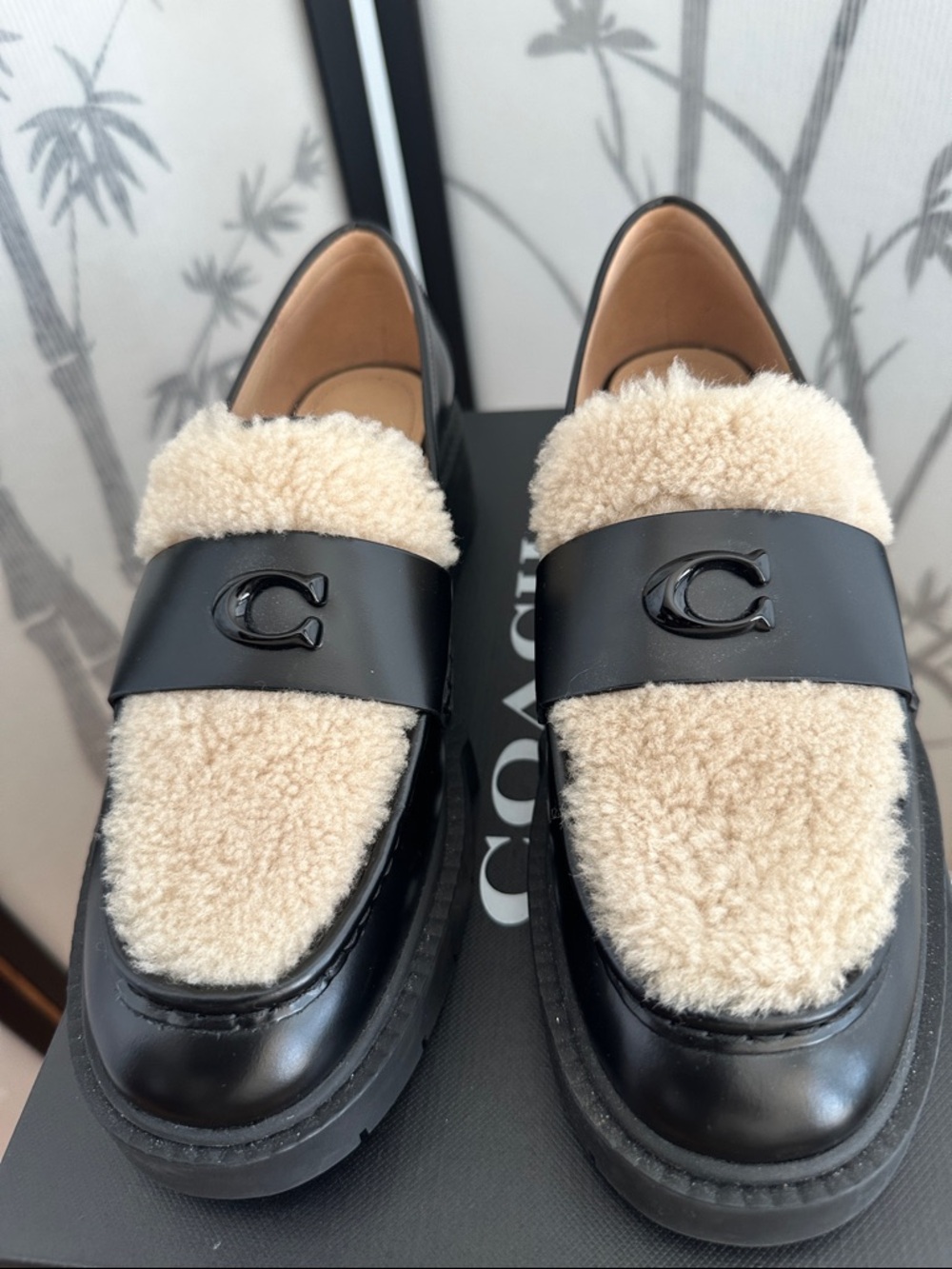 Coach Black Leather Loafers with Cream Shearling Trim